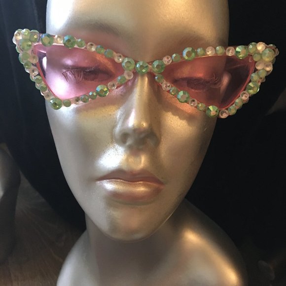 Vintage Retro Pink Cat Eye Glasses w Green Crystals Women\'s Accessories Sun main image 4